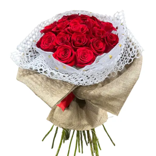 Ramo de 24 rosas importadas con arpillera